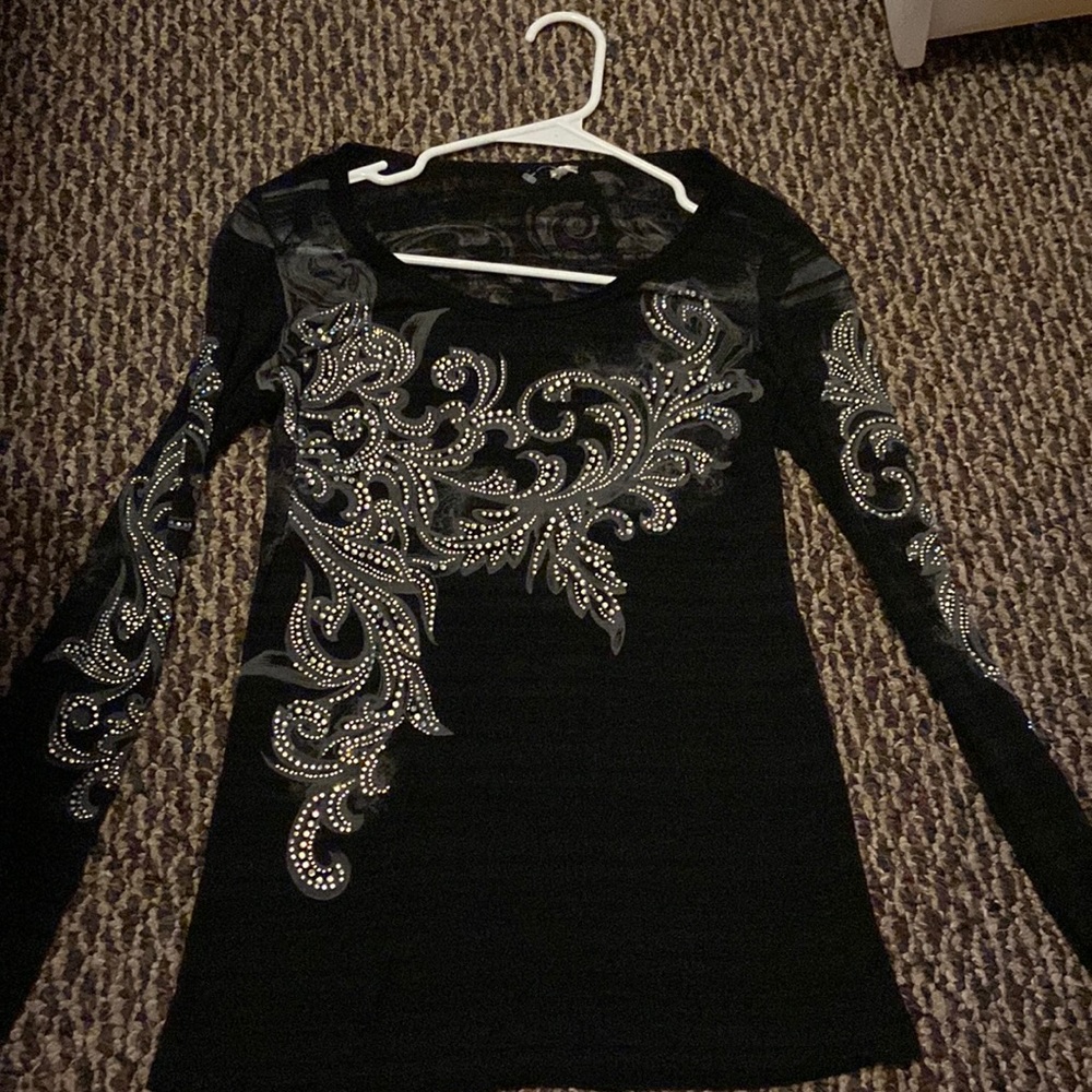 Blinged out long sleeve slim fit iridescent rhinestone top